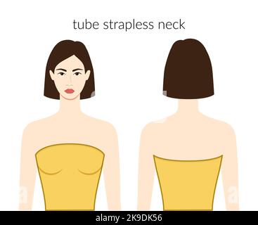 Tubo scollo abiti senza stropless carattere bella donna in giallo top, camicia, abito tecnico di moda illustrazione con corpo adattato. Modello di abbigliamento piatto anteriore, posteriore. Donne, uomini mockup CAD Illustrazione Vettoriale