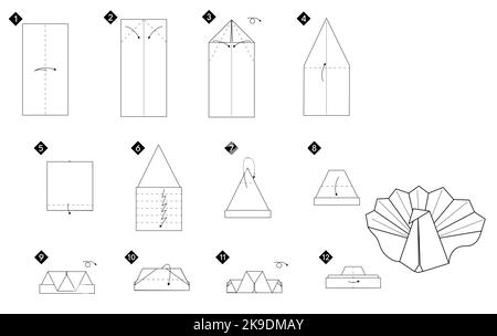 Tutorial come fare origami pavone. Istruzioni dettagliate. Uccello dalla carta senza forbici. Illustrazione Vettoriale