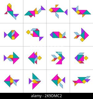 Tangram puzzle per bambini. Set di pesci tangram. Illustrazione Vettoriale