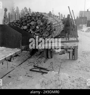 Caricamento del legname dall'autocarro al carro merci con dispositivo estrattore per il caricamento del legname, Glissjöberg. Foto Stock