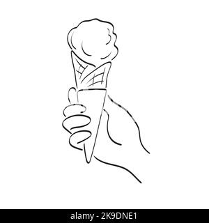 line art closeup mano che tiene cono gelato illustrazione vettore disegnato a mano isolato su sfondo bianco Illustrazione Vettoriale