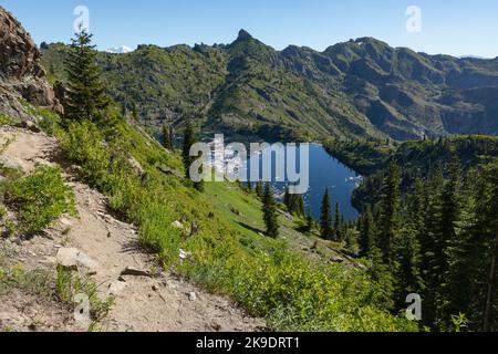 WA22566-05...WASHINGTON-St Helens Lake dal Boundary Trail con Mount Rainier che si snoda sulla cresta dell'NVM di Mount St Helens. Foto Stock