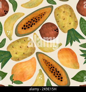 Frutti tropicali senza cuciture con mango colorato, banane, ananas, pitahaya, foglie verdi e rami di palma. Frutti esotici. Foto Stock