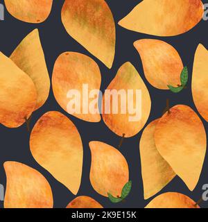 Motivo senza cuciture con frutti di mango isolati su sfondo nero. Frutta fresca tropicale testurizzata. Illustrazione botanica esotica per stampa, sfondi Foto Stock