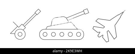 Armi pesanti. Serbatoio, combattente, pistola. Illustrazione piatta isolata su sfondo bianco. Foto Stock