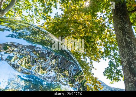 Sfera cromata che riflette gli alberi e il cielo blu. Foto Stock