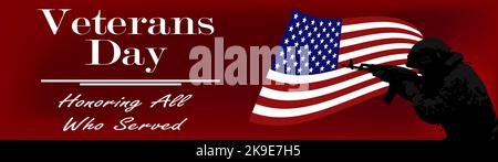 Banner rosso scuro con la silhouette di un soldato americano sullo sfondo della bandiera degli Stati Uniti e l'iscrizione Veterans Day. Il concetto di veterani giorno, memoriale giorno. Immagine vettoriale. Illustrazione Vettoriale