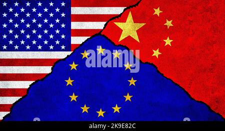 Gli Stati Uniti, l'Unione europea e la Cina si battono insieme sul muro. Relazioni diplomatiche tra Stati Uniti d'America, Unione europea e Cina Foto Stock