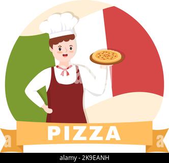 Italian Food Restaurant o Cafeteria con Chef preparazione di piatti tradizionali italiani Pizza in Cartoon disegnata a mano modello Illustrazione Illustrazione Vettoriale