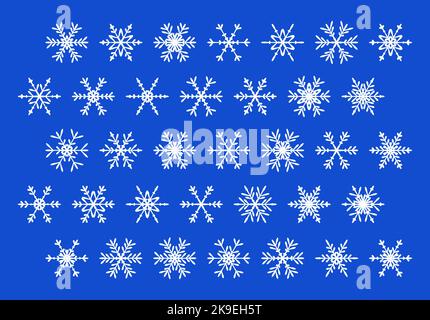 Fiocchi di neve impostato per la decorazione di Natale. Raccolta di fiocchi di neve per i biglietti d'auguri delle vacanze invernali. Elementi di neve semplici. Illustrazione Vettoriale