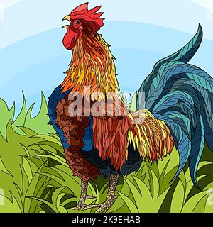 illustrazione di un crowing di gallo Foto Stock