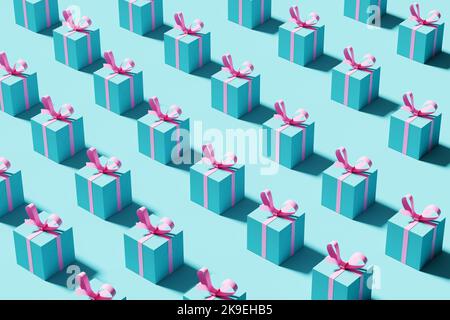 Motivo senza cuciture di scatole regalo blu con nastro rosa su sfondo blu. Celebrazione del compleanno, shopping e concetto di presente. Rendering 3D. Foto Stock