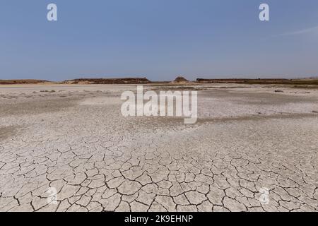 Deserto con impronte sul sito di un lago asciutto Foto Stock