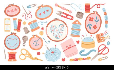 Set di utensili per hobby, ricamo ad ago, tela, cerchio, filo un ago, filo interdentale, forbici, grafica vettoriale piatta Illustrazione Vettoriale