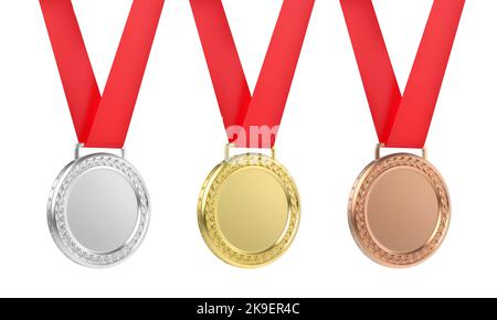 Medaglie d'oro, d'argento e di bronzo, isolate su sfondo bianco Foto Stock