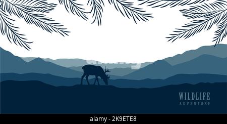fauna selvatica cervi nella foresta con vista montagna paesaggio naturale blu Illustrazione Vettoriale