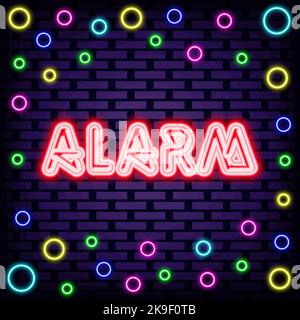 Allarme preventivo al neon. Luce al neon colorata. Testo al neon. Illustrazione Vettoriale