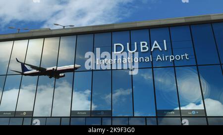 Velivolo che atterra a Dubai Emirati Arabi Uniti 3D illustrazione di rendering. Arrivo in città con il terminal di vetro dell'aeroporto e la riflessione di jet pl Foto Stock