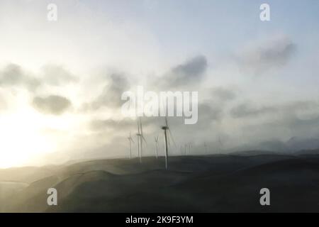 illustrazione di un paesaggio con turbine eoliche, concetto di transizione ecologica Foto Stock