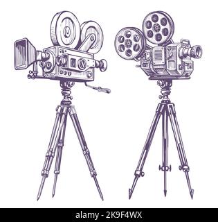 Videocamera vintage. TV, industria cinematografica, concetto di cinema. Illustrazione vettoriale dello schizzo del proiettore video retrò disegnato a mano Illustrazione Vettoriale