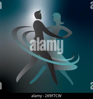 Giovane coppia, ballerini da ballo. Disegno stilizzato con silhouette di coppia danzante. Vettore disponibile. Illustrazione Vettoriale
