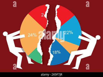 Guerra commerciale, uomini d'affari, concetto di quota di mercato. Illustrazione di due sagome di carta maschili, uomini d'affari, strappando carta grafico a torta. Vettore disponibile. Illustrazione Vettoriale
