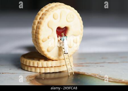 Uomini in miniatura e montagna biscotto, una serie di fotografie che utilizzano persone in miniatura, biscotti alla marmellata e ciottoli che mostrano un mondo di immagini in miniatura. Foto Stock