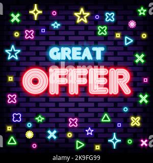 Ottima offerta Neon quote. Su sfondo muro di mattoni. Banner leggero. Illustrazione Vettoriale