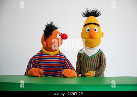 Amburgo, Germania. 24th Ott 2022. I personaggi Ernie e Bert di Sesame Street, scattati in uno studio fotografico in occasione del 50th° anniversario di Sesame Street. Nel gennaio 2023, la Via tedesca Sesame festeggia il suo 50th° anniversario. Credit: Daniel Reinhardt/dpa - ATTENZIONE: Solo per uso editoriale in relazione alla segnalazione sul programma 'Sesame Street' e solo con la menzione completa del suddetto credito. Si prega di notare i diritti e le licenze dei proprietari dei marchi per usi che vanno oltre questo./dpa/Alamy Live News Foto Stock