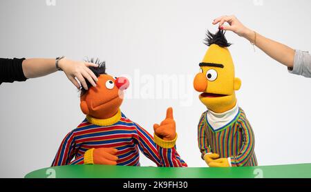 Amburgo, Germania. 24th Ott 2022. I personaggi Ernie e Bert di Sesame Street, scattati in uno studio fotografico in occasione del 50th° anniversario di Sesame Street. Nel gennaio 2023, la Via tedesca Sesame festeggia il suo 50th° anniversario. Credit: Daniel Reinhardt/dpa - ATTENZIONE: Solo per uso editoriale in relazione alla segnalazione sul programma 'Sesame Street' e solo con la menzione completa del suddetto credito. Si prega di notare i diritti e le licenze dei proprietari dei marchi per usi che vanno oltre questo./dpa/Alamy Live News Foto Stock