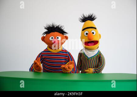 Amburgo, Germania. 24th Ott 2022. I personaggi Ernie e Bert di Sesame Street, scattati in uno studio fotografico in occasione del 50th° anniversario di Sesame Street. Nel gennaio 2023, la Via tedesca Sesame festeggia il suo 50th° anniversario. Credit: Daniel Reinhardt/dpa - ATTENZIONE: Solo per uso editoriale in relazione alla segnalazione sul programma 'Sesame Street' e solo con la menzione completa del suddetto credito. Si prega di notare i diritti e le licenze dei proprietari dei marchi per usi che vanno oltre questo./dpa/Alamy Live News Foto Stock