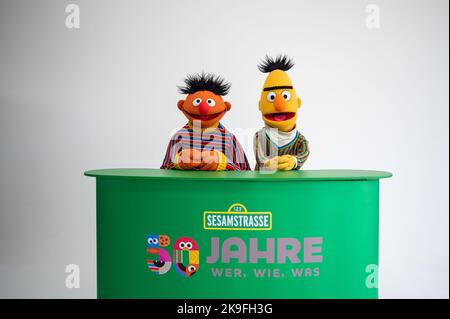 Amburgo, Germania. 24th Ott 2022. I personaggi Ernie e Bert di Sesame Street, scattati in uno studio fotografico in occasione del 50th° anniversario di Sesame Street. Nel gennaio 2023, la Via tedesca Sesame festeggia il suo 50th° anniversario. Credit: Daniel Reinhardt/dpa - ATTENZIONE: Solo per uso editoriale in relazione alla segnalazione sul programma 'Sesame Street' e solo con la menzione completa del suddetto credito. Si prega di notare i diritti e le licenze dei proprietari dei marchi per usi che vanno oltre questo./dpa/Alamy Live News Foto Stock