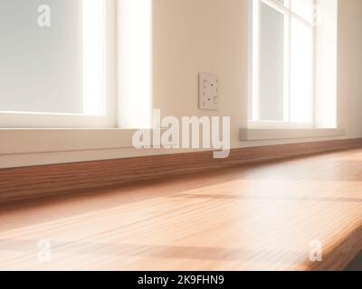 Una vista in primo piano di una cucina vuota in legno piano rivolto verso due finestre che guardano verso l'esterno nel giorno - 3D rendere Foto Stock