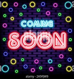 In arrivo Badge in stile neon. Script neon. Testo al neon. Illustrazione Vettoriale