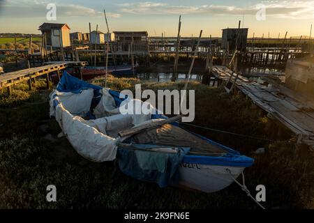 Vista su antichi moli palafitici in legno situati a Carrasqueira, Portogallo. Foto Stock