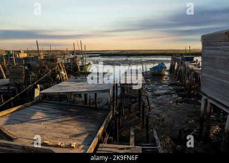 Vista su antichi moli palafitici in legno situati a Carrasqueira, Portogallo. Foto Stock