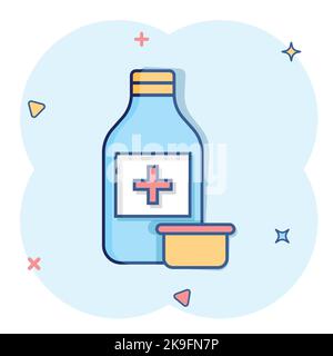 Icona della bottiglia di pillola in stile comico. Farmaci cartoni animati illustrazione vettoriale su sfondo bianco isolato. Farmacia splash effetto concetto di business. Illustrazione Vettoriale