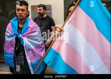 Madrid, Spagna. 28th Ott 2022. Le persone con bandiere trans sono viste durante una protesta di fronte alla sede del partito socialista PSOE, Chi ha richiesto un'altra settimana per presentare modifiche parziali al disegno di legge (noto come 'Legge trasma') che non ha approvato il disegno di legge. La 'Legge trasma' è una legge per l'uguaglianza dei transiti e la garanzia dei diritti di LGTBI. Credit: Marcos del Mazo/Alamy Live News Foto Stock