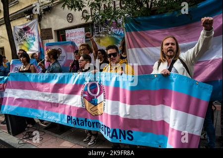 Madrid, Spagna. 28th Ott 2022. Le persone con bandiere trans sono viste durante una protesta di fronte alla sede del partito socialista PSOE, Chi ha richiesto un'altra settimana per presentare modifiche parziali al disegno di legge (noto come 'Legge trasma') che non ha approvato il disegno di legge. La 'Legge trasma' è una legge per l'uguaglianza dei transiti e la garanzia dei diritti di LGTBI. Credit: Marcos del Mazo/Alamy Live News Foto Stock