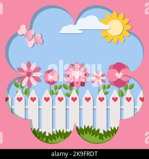 Amore carta da cartolina ritagliare illustrazioni vettoriali. Recinzione bianca con fiori rosa e farfalle sul cielo blu con il sole e sfondo nuvole bianche Illustrazione Vettoriale