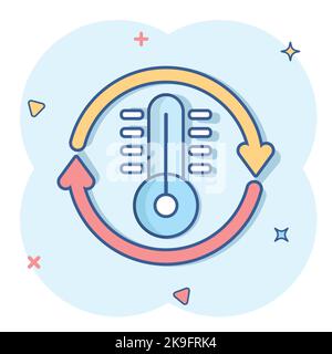 Icona del climatizzatore con termometro in stile fumetto. Meteorologia bilanciamento cartoni animati illustrazione vettoriale su sfondo bianco isolato. Temperatura calda e fredda s Illustrazione Vettoriale