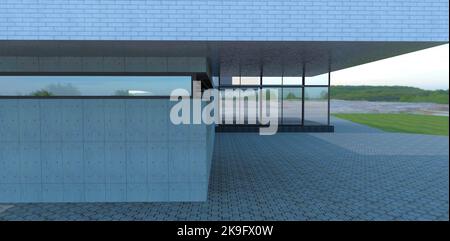 Costruzione di una moderna casa di campagna su un progetto individuale. Finitura della facciata con pannelli in cemento, mattoni e vetro. rendering 3d. Foto Stock