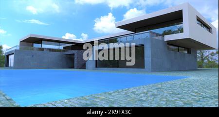 Splendido design di una casa con piscina in stile minimalista. Rivestimenti in cemento. Ampia terrazza vetrata. Pavimentazione in pietra naturale. rendering 3d. Foto Stock