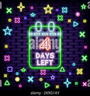 4 giorni rimanenti Neon preventivo. Luce al neon colorata. Testo al neon. Illustrazione Vettoriale