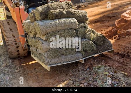 Autocarro con braccio che scarica i rotoli di erba verde in pallet per l'architettura paesaggistica in cantiere con carrello elevatore a forche. Foto Stock