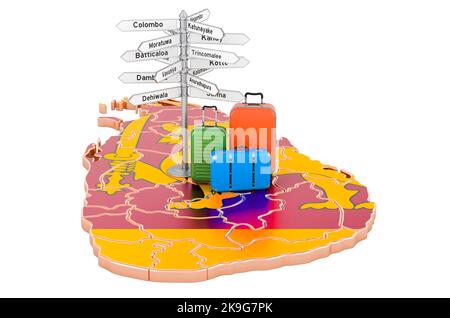 Sri Lanka concetto di viaggio. Bandiera dello Sri Lanka sulla mappa con valigie e segnaletica, 3D rendering isolato su sfondo bianco Foto Stock