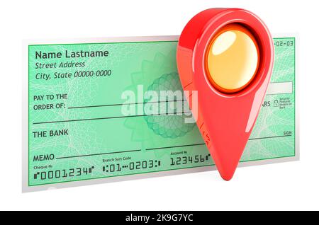 Assegno bancario con puntatore mappa, rendering 3D isolato su sfondo bianco Foto Stock