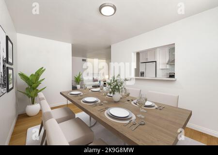 Moderna sala da pranzo con grande tavolo in legno e sedie in pelle beige a casa. Illustrazione 3D. California, USA - 2022 Foto Stock