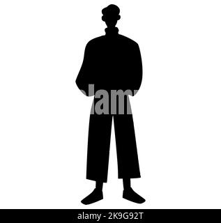 La silhouette nera di un ragazzo coreano alla moda, le mani maschili cinesi in tasca, in piedi e in posa, modello Illustrazione Vettoriale