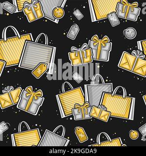 Vector Christmas sale modello senza cuciture, quadrato sfondo ripetizione con illustrazioni di sacchetti di carta, argento scatole regalo e decorativo prezzo tag su d Illustrazione Vettoriale